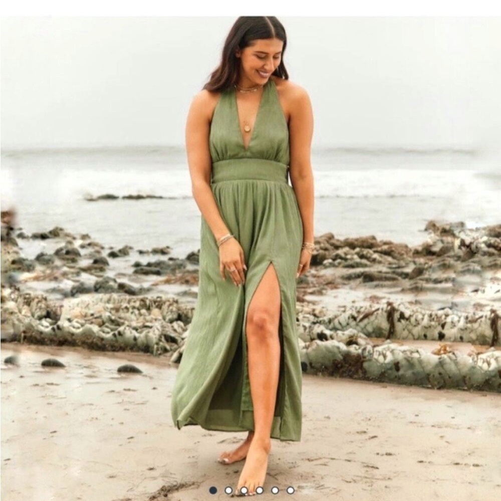 Abercrombie Green Plisse Halter Maxi Dress Gown Sz XXSP Wedding Guest Event